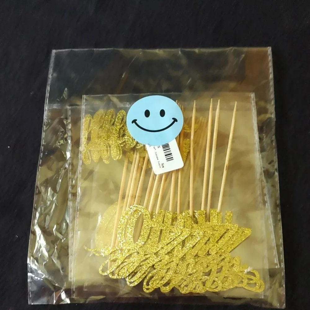 Happy Birthday, 40th Theme, Gold Glitter, 3 Designs, 24 Pack, Cupcake Toppers